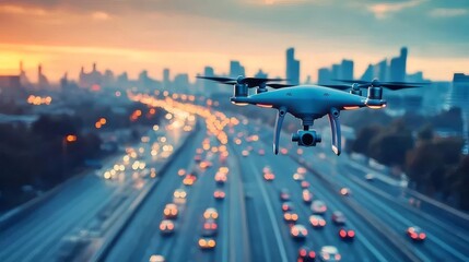 ドローンによる夕暮れの高速道路の航空写真