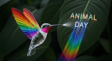 Elegant crystal hummingbird with rainbow wings illuminates Animal Day message nature wildlife spectrum glowing celebration unique