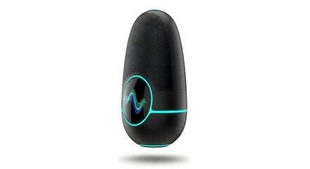 Futuristic smart sensor pod with a glowing blue light representing connectivity and innovative wearable technology