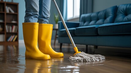 Person in Yellow Boots Mops Flooded Living Room Floor
