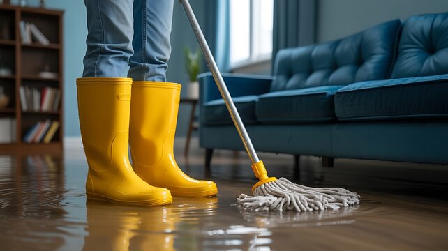 Person in Yellow Boots Mops Flooded Living Room Floor