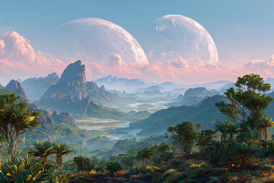 Majestic alien landscape with two giant moons, pink clouds, and a winding river through lush, misty mountains.
