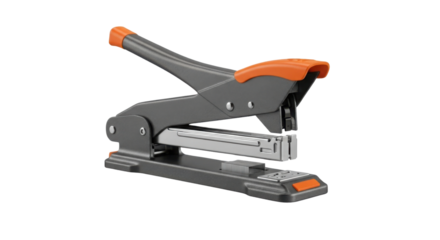 Gray and orange heavy duty office stapler isolated PNG with Transparent Background