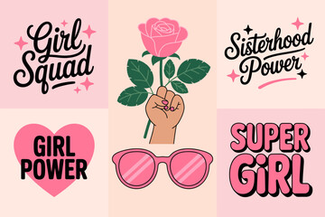 A captivating array of artistic renderings celebrating girl empowerment slogans and motifs, urging positivity and support among women through vivid illustrations.