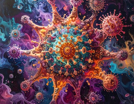 Colorful abstract representation of a virus.  Complex, vibrant design