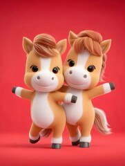 Naklejka premium 赤い背景に描かれた2頭のかわいいぬいぐるみの馬