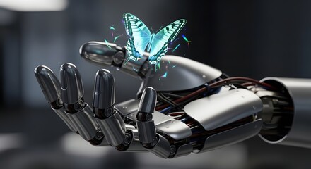 A luminous butterfly perches on a sophisticated robotic hand, symbolizing the harmony between nature and technology