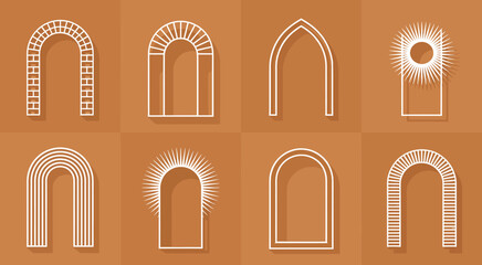 This compelling image showcases various arched window designs in a unique layout, emphasizing the artistic versatility and charm they bring to any aesthetic space or project design.