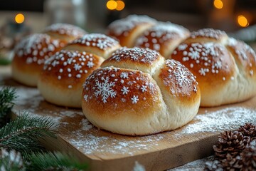 Freshly baked bread on wooden board.
