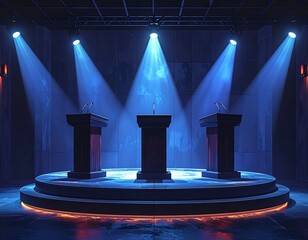 Debate stage lit by spotlights