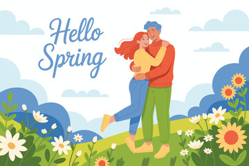 A charming illustration of a couple sharing a loving embrace in a floral spring landscape, reflecting themes of joy, love, and the blossoming beauty of the season.