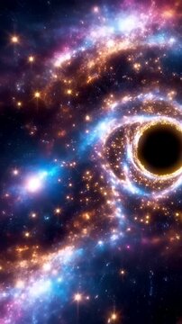 Hyperspace light speed space flight through bright flicker gold star space time wormhole vortex tunnel. 3D Loop colorful Sci-Fi interstellar space travel background concept.