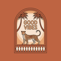 This captivating image features a stylized leopard amidst palm trees, combined with the phrase 'Good Vibes', promoting a sense of joy and fresh energy in modern art.