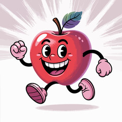 This vibrant cartoon apple character showcases a joyful demeanor, running energetically with a big smile, embodying fun and positivity through its playful design and bright colors.