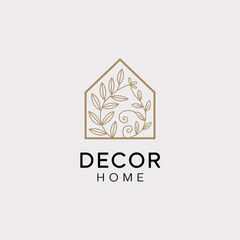 This image features a chic logo design incorporating a house silhouette and natural floral patterns, portraying elegance, nature, and comfort in modern interior design.