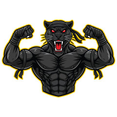 Muscular black panther mascot flexing biceps with fierce expression