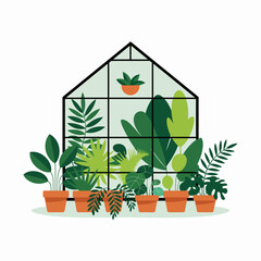 A modern greenhouse showcases lush greenery with various plants and pots, reflecting the beauty of nature and the joy of nurturing a home garden.
