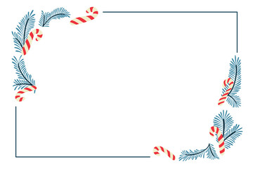 Christmas frame with candy canes and pine branches arranged in the corners on white background. Concept of holiday greeting card, festive decoration and winter celebration