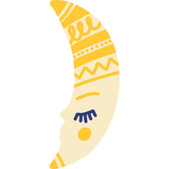 An Artistic Representation of a Crescent Moon Featuring a Face and Various Decorative Elements