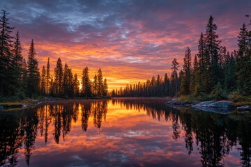 Obraz premium Serene sunrise over a calm lake nestled in a forest, reflecting the vibrant sky