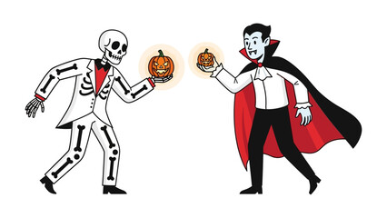 Halloween Spectacle: A spooky Halloween illustration of a skeleton and vampire exchanging jack-o'-lanterns against a vibrant backdrop, ideal for thematic projects.