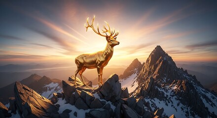 A magnificent golden stag stands atop a snow-capped mountain peak, bathed in the warm glow of a sunrise.