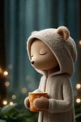 Side profile of calm teddy bear in cozy knitted hoodie holding festive mug with whipped cream, dreamy winter forest background, ideal for holiday cards, Christmas illustrations, seasonal branding