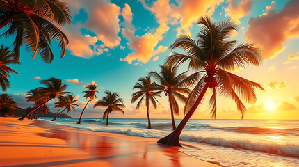 Tropical Beach Sunset with Palm Trees and Golden Sky
