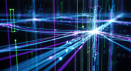 Abstract image of blue and purple light trails converging at a bright point.