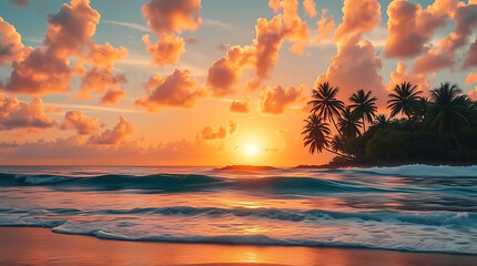 Tropical Beach Sunset with Palm Trees and Golden Sky