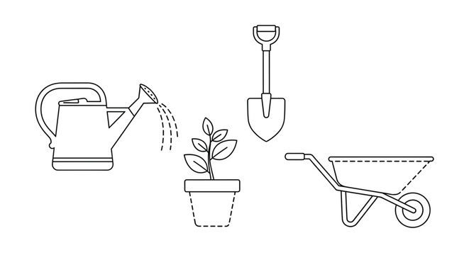 Outline gardening tools and plant illustration for garden care and landscaping design and horticultural concept