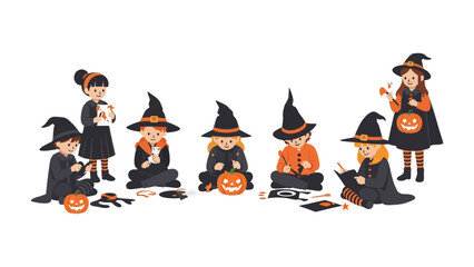 Halloween Fun: Adorable children dressed in whimsical costumes joyfully participate in a creative workshop, carving pumpkins and immersed in the spirit of the season. 