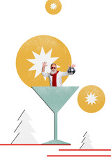 Composite trend artwork image collage of newyear merry christmas holiday winter team young lady ride sledge funny giftbox finger point