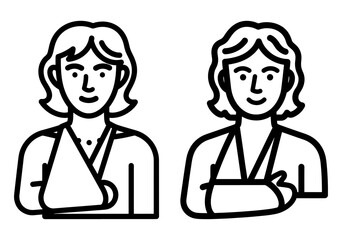 Illustration of a woman with broken arm in sling, front view and side view