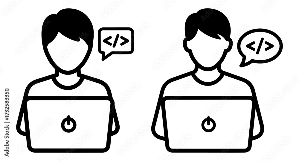 Wall mural Vector art of two programmers working on their laptops they are thinking about coding