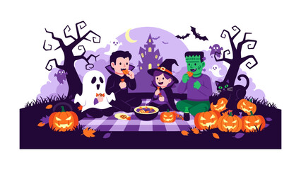Halloween Picnic: A charming Halloween scene with classic monsters and festive elements. Featuring Dracula, a witch, Frankenstein, and a friendly ghost having a picnic among spooky pumpkins.