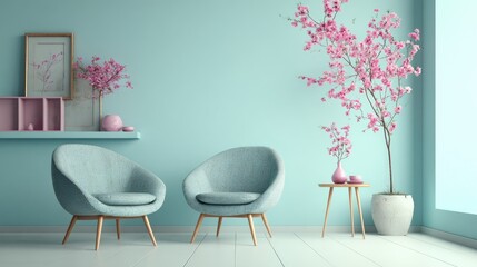 Light teal room with pink flowers