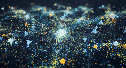 Dynamic abstract background with shimmering particles and scattered geometric elements, suggesting data or cosmic phenomena.