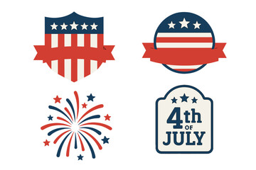 4th of July vector set of labels, badges and banners for US Independence Day. American patriotic holiday design elements with stars, stripes and fireworks. USA celebration icons.