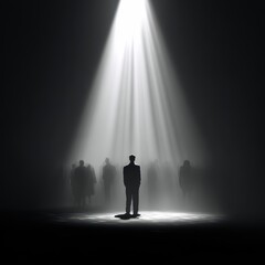 Fototapeta premium Leader Silhouette Standing Alone in a Spotlight with a Dark Background Representing Authority and Isolation
