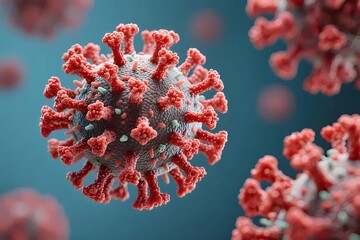 赤いスパイクタンパク質を持つコロナウイルスの顕微鏡画像