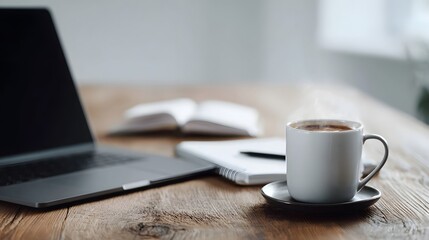 A steaming cup of coffee sits on a wooden desk next to a laptop notebook and open book suggesting a moment of work or study