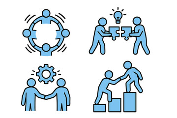 Teamwork and collaboration icon set. Business partnership, solution, and support concepts. People with puzzle, lightbulb idea, handshake, helping hand for growth. Vector icons.