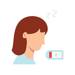 Woman feeling tired and sleepy with a low battery icon, isolated on transparent background