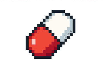 Pixel art pill capsule icon. 8-bit drug medicine symbol for video game. Retro healthcare medical pharmacy sign. Vitamin antibiotic painkiller treatment. Digital art asset.