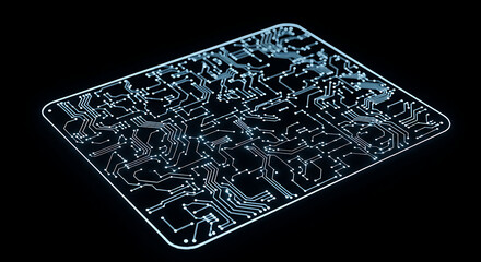 A futuristic glowing blue circuit board with intricate pathways on a black background.