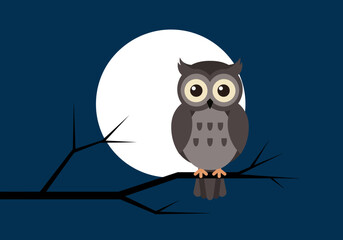 A cute cartoon owl perched on a bare branch at night with a full moon in the background.