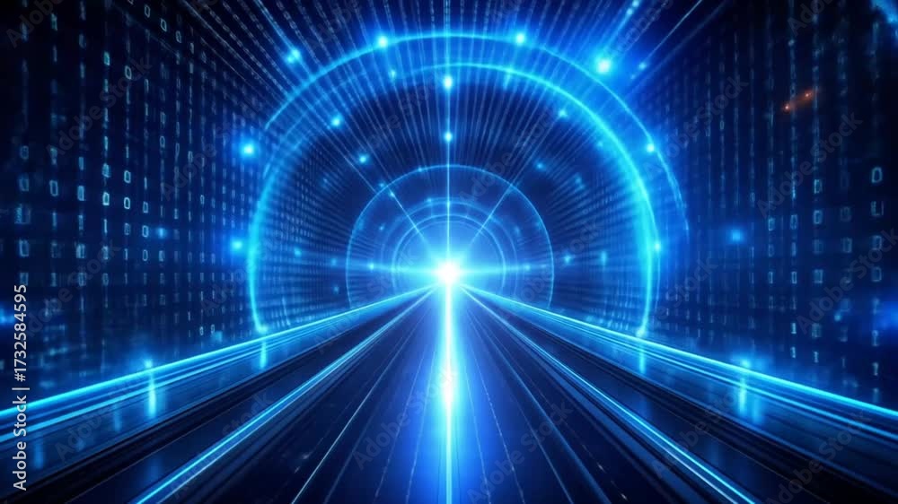 Wall mural digital data stream tunnel with binary code, abstract tech background, technology innovation concept