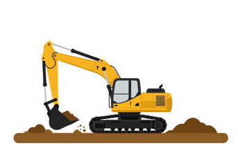 Yellow hydraulic excavator digging into a pile of brown dirt, shown in a flat vector illustration style on a white background.
