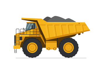 A large yellow mining dump truck filled with dark material, viewed from the side. © tahubulat